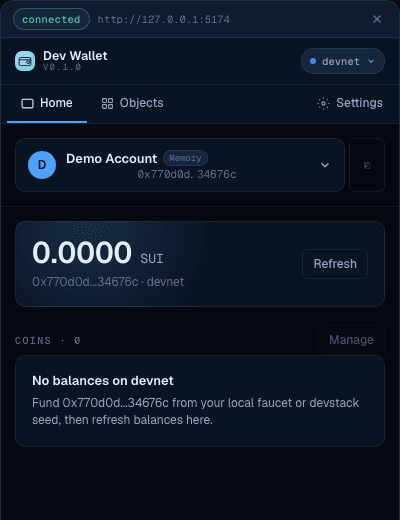 Dev Wallet panel showing account and balances
